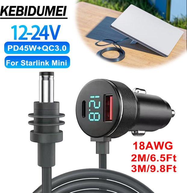 kebidumei DC-Stromkabel für Starlink Mini mit Voltmeter, PD45W+QC3.0 Dual-Ladegerät und Barrel-Plug, wasserdicht, Schwarz - Bild 1