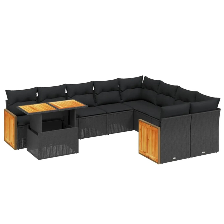 vidaXL 10-tlg. Garten-Sofagarnitur aus Polyrattan und Akazienholz in Schwarz mit Kissen - Bild 2