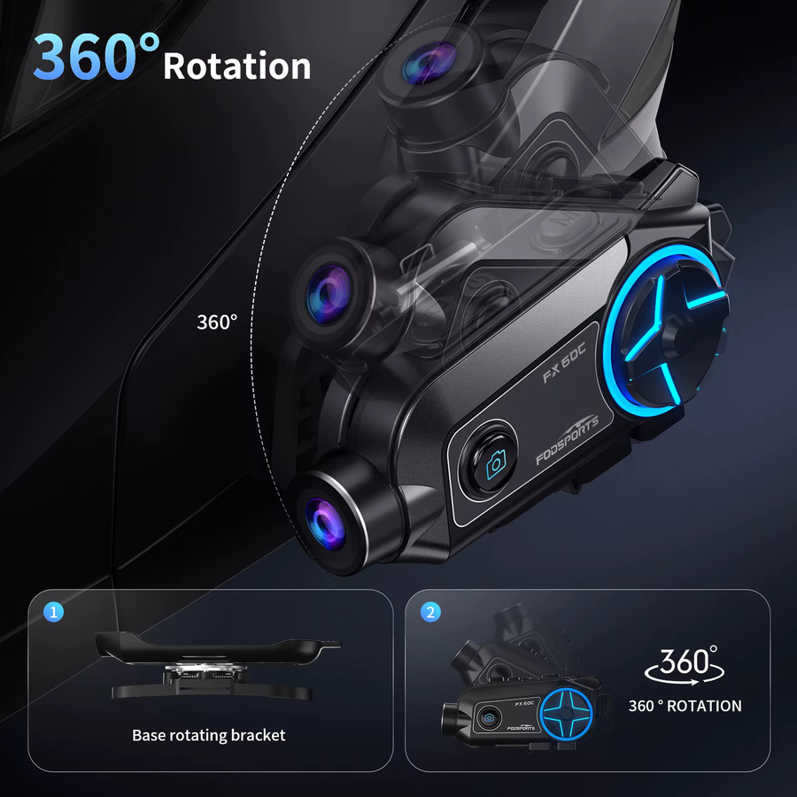 Fodsports FX60C Motorrad-Gegensprechanlage mit Bluetooth 5.4 und 4K HD Anti-Shake-Action-Kamera in Schwarz - Bild 3