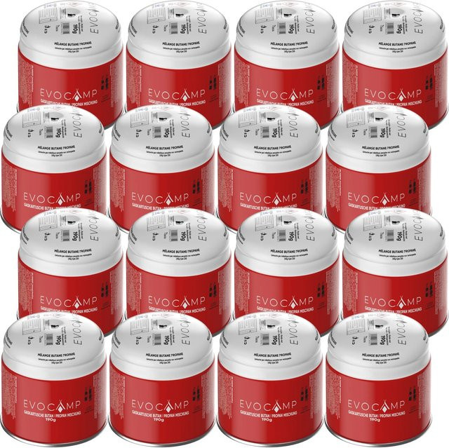 Evocamp Gaskartuschen Set 16 Stück Butan Propan 190g Stechkartusche Typ 200 EN417 mit Sicherheitsventil für Gaskocher - Bild 1