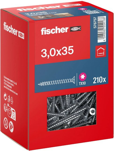 Fischer PowerFast II Senkkopf Schraube mit Torx-Antrieb und Vollgewinde aus verzinktem Stahl, Durchmesser: 3 mm, Länge: 35 mm, Farbe: Silber/Blau - Bild 1