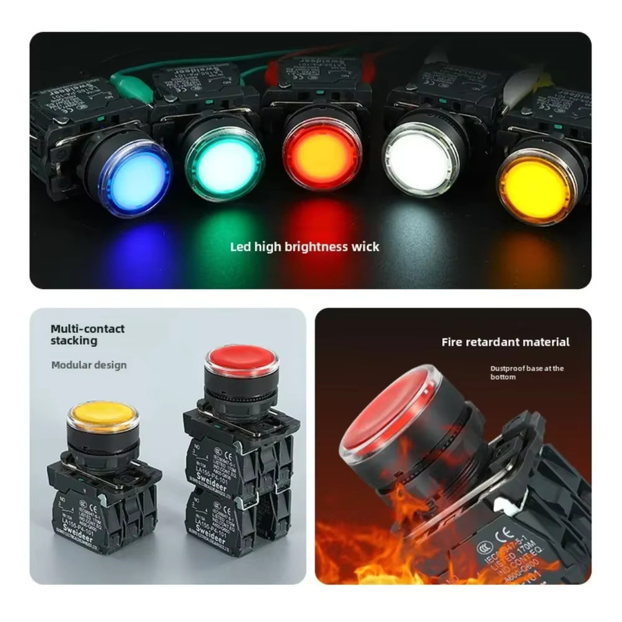XB4 Druckknopfschalter mit LED von Sweideer, Momentan mit Selbstrückstellung, 22mm, 10A, 1NO 1NC 2NO, Farben: Rot, Grün, Gelb - Bild 2