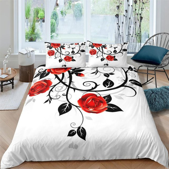 Bettbezug Set mit roter Rose und floralem 3D-Design von Your Warm Home, Farbe Rot und Grau, Material Mikrofaser, B/H: 135 x 200 cm - Bild 1