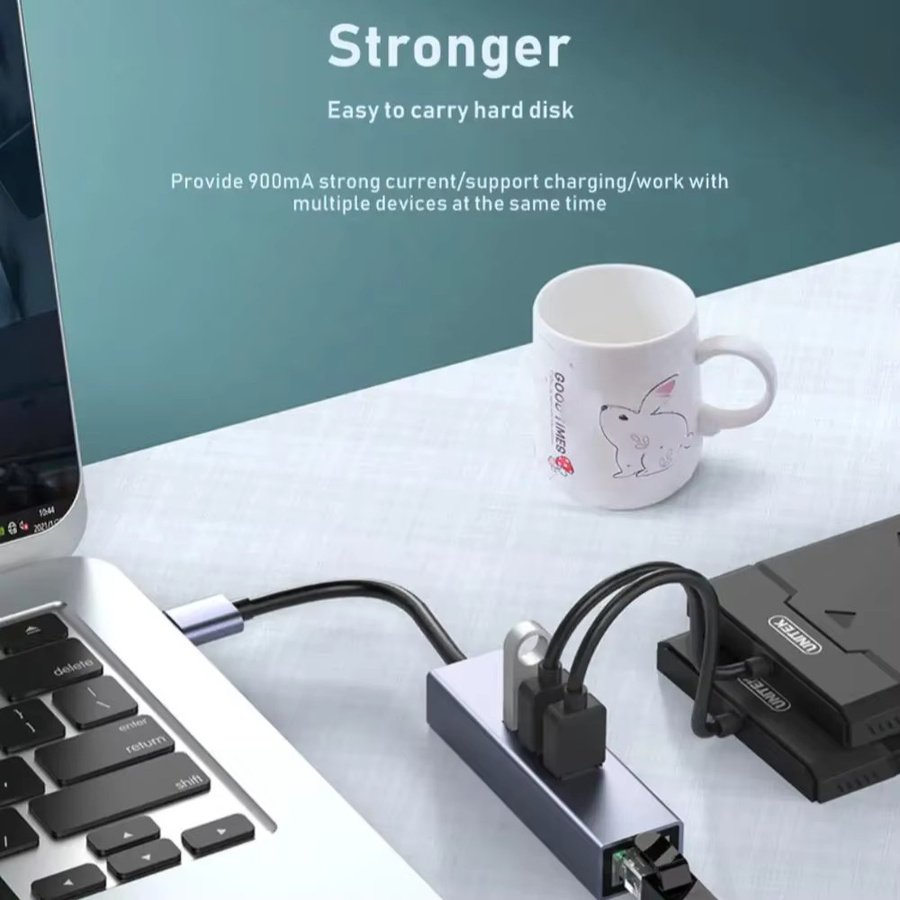 USB 3.0 zu RJ45 Ethernet Adapter mit 3-Port Hub, 1000 Mbit/s LAN-Konverter für Laptop, Desktop und Steam Deck, Farbe: Grau - Bild 4