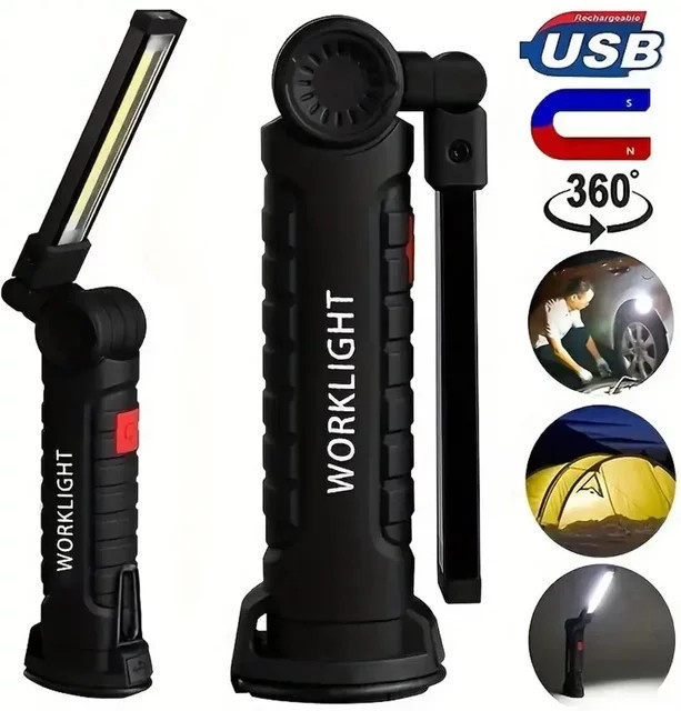 ESMARTER LED-Taschenlampe mit Magnetfuß, wiederaufladbare USB-Arbeitsleuchte in Schwarz - Bild 1