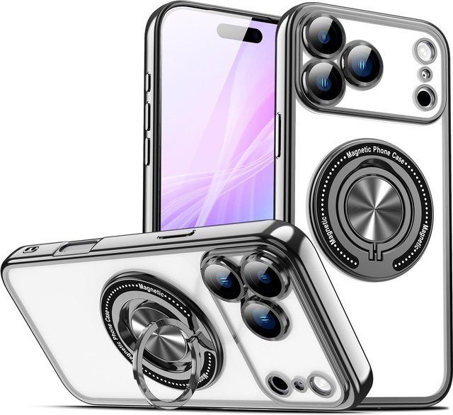 IENACOCO Magnetische Handyhülle für iPhone 16 15 14 13 12 11 Pro Max Plus mit 360 Grad drehbarem Ständer und Linsenschutz in Transparent - Bild 1