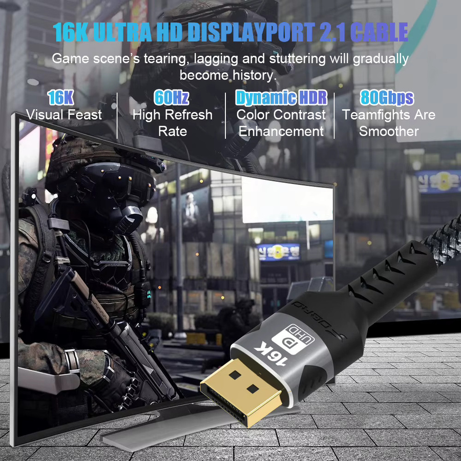 FDBRO DisplayPort-Kabel 2.1 in Schwarz für Gaming-Monitore und Grafikkarten mit 54 Gbit/s, unterstützt 16K@30 Hz, 8K@120 Hz/60 Hz und 4K@60 Hz/144 Hz/240 Hz sowie FreeSync - Bild 4