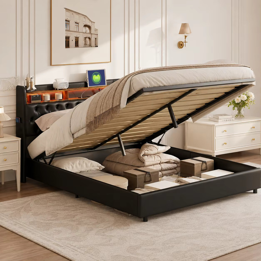 FEEOHOME Polsterbett mit Stauraum in Schwarz, Hydraulisches Doppelbett mit Bettkasten und Lattenrost, B/T: 180 x 200 cm - Bild 3