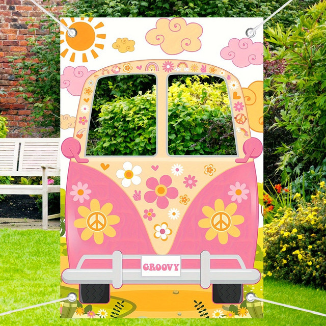 OURFETE Retro Hippie Bus Foto-Requisite in Pink mit floralem Design für Partys und Fotoboxen - Bild 1