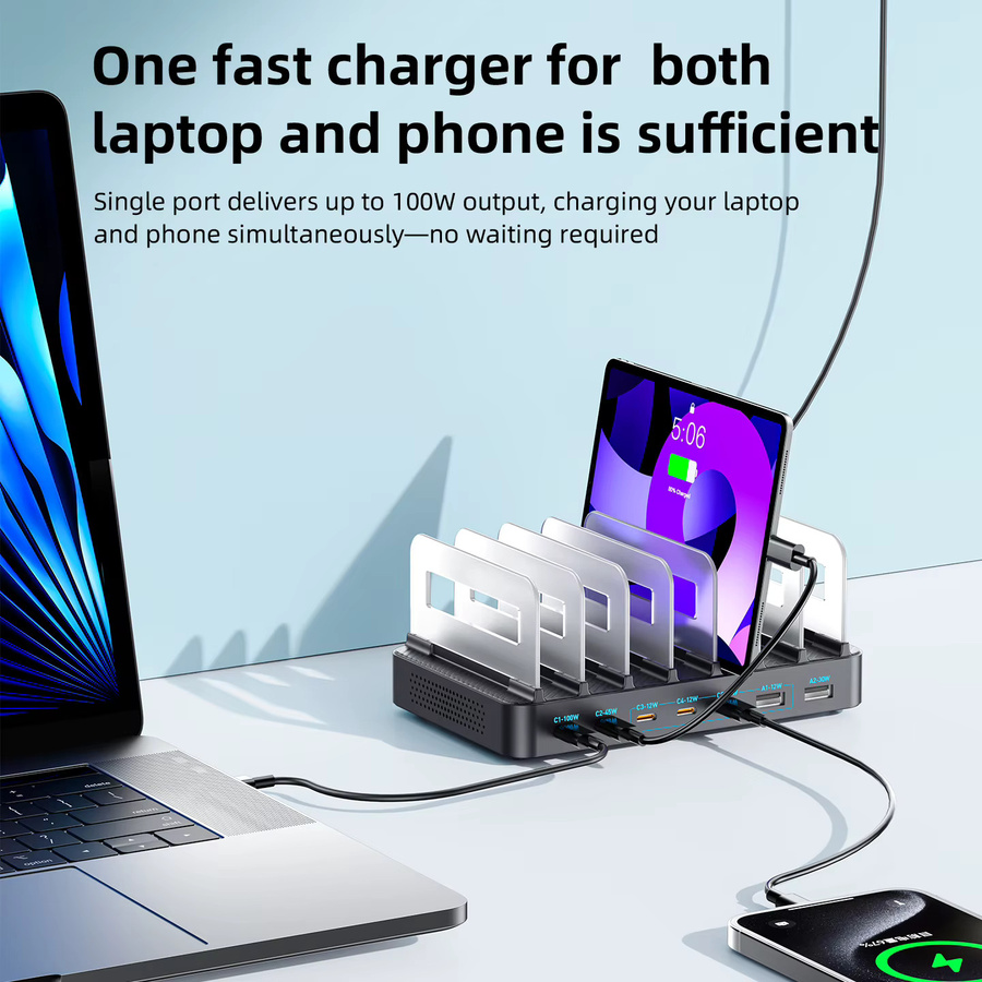 288W GaN 8-in-1 USB-C Multi-Port Desktop-Schnellladegerät mit PD3.0 in Schwarz für MacBook, iPad, iPhone und Samsung Android Geräte - Bild 3