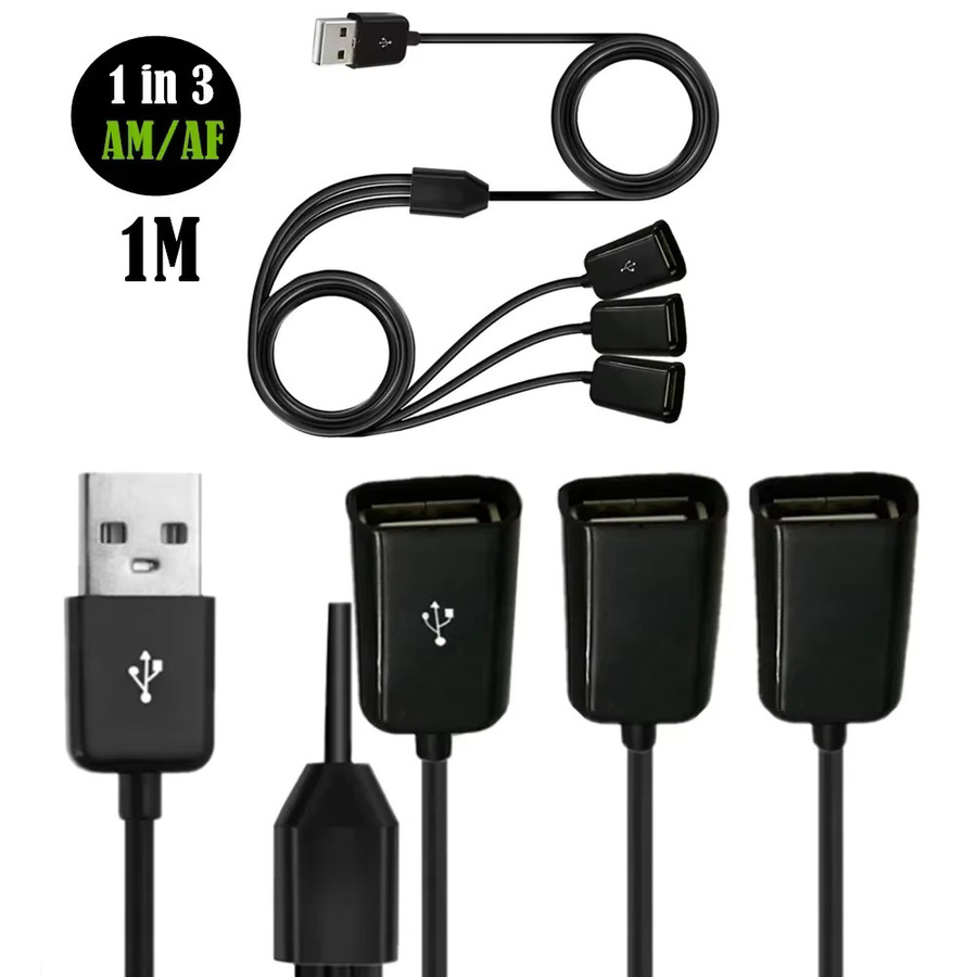 BSN 3-in-1 USB-Verlängerungskabel Schwarz, 1 m Länge, Schnelles 3A Ladekabel mit Y-Splitter, USB-A auf USB-Buchse - Bild 4