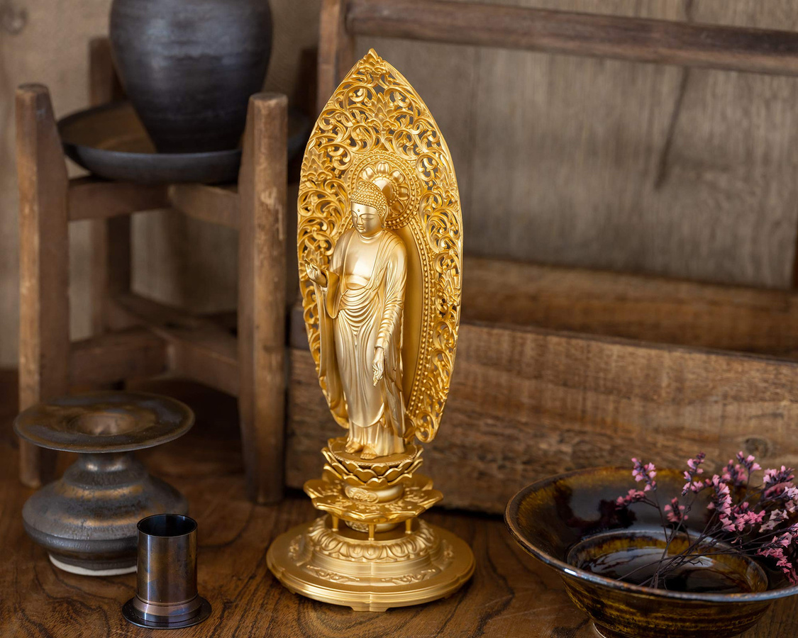 Buddha-Statue Amida Nyorai aus vergoldeter Takaoka-Kupferware in Gold, Höhe: 25 cm - Bild 3