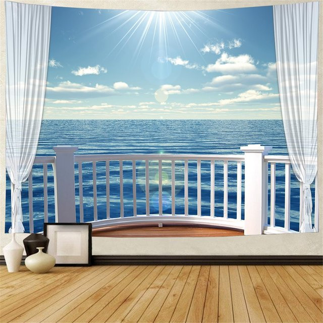 Sommer Fensterblick Wandteppich JMG Household Supplies Blaues Ozeanmeer Insel Landschaft Wandbehang B: 150 cm, H: 180 cm - Bild 1