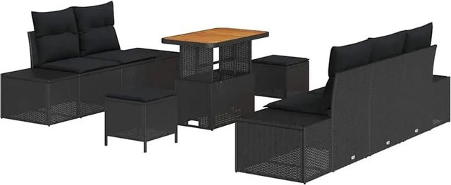 vidaXL Garten-Sofa-Set aus Poly-Rattan und Akazienholz in Schwarz mit 8 Teilen und Kissen - Bild 1