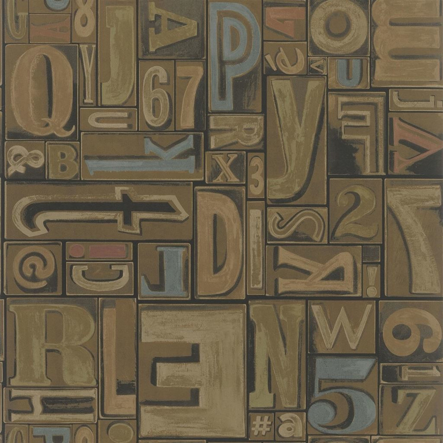 Ralph Lauren Tapete Copeley Letterpress Fruitwood in Braun mit Vintage-Typografie-Design und geometrischem Muster, Vlies-Tapete, vorgeklebt - Bild 1