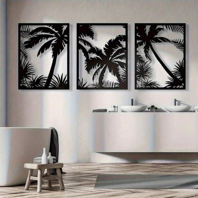 CIFBUY Wandkunst Tropische Palme aus Metall in Schwarz mit geometrischer Sonnenuntergangs-Silhouette im Boho-Stil - Bild 1