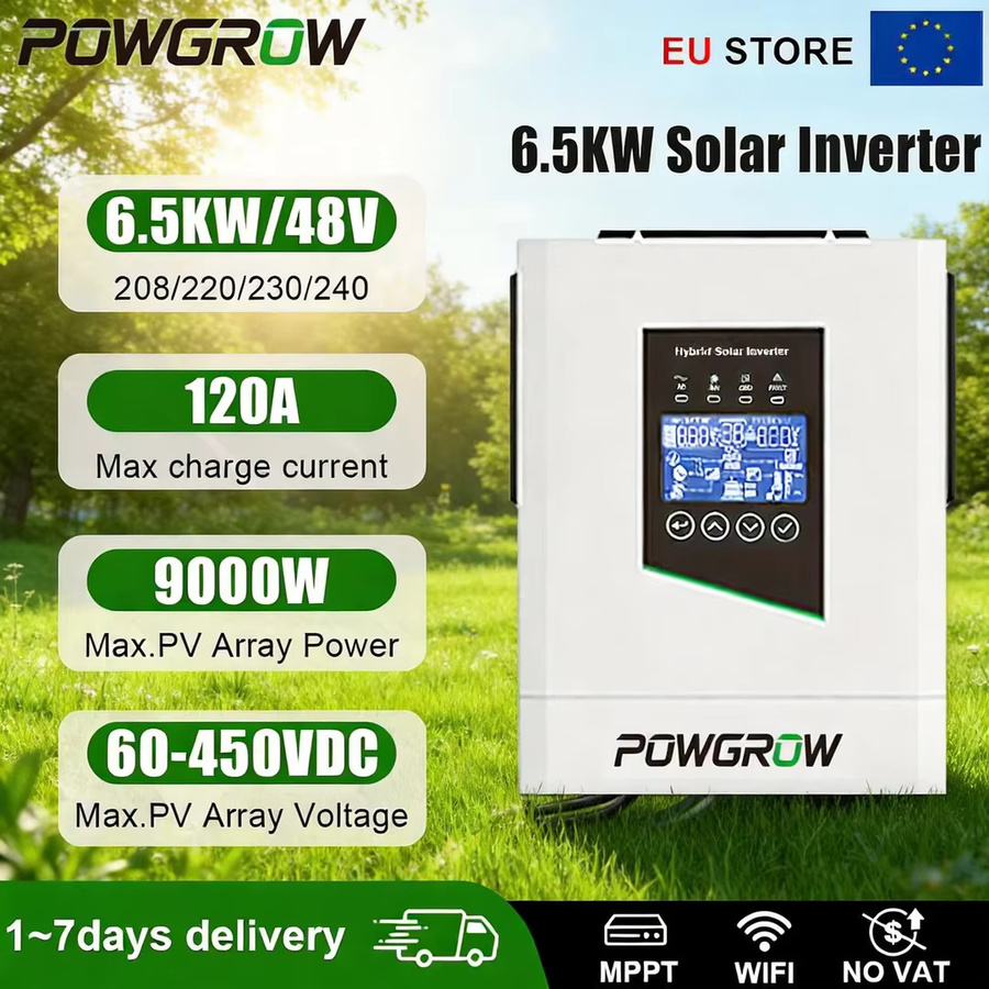 POWGROW Hybrid-Wechselrichter 6,5KW 48V 6500VA mit MPPT 60-450VDC, 9000W Solar Max und 120A Ladegerät, Weiß - Bild 5