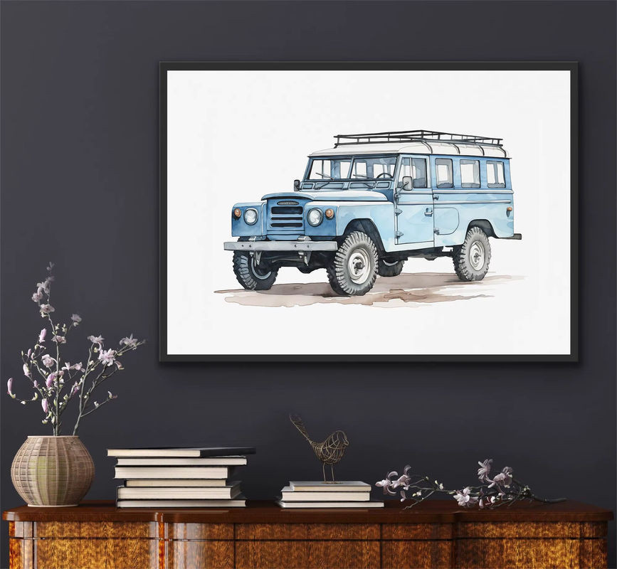 Potdemiel Klassisches Auto Aquarell Wandbild in Blau als Leinwand-Poster im Querformat - Bild 1