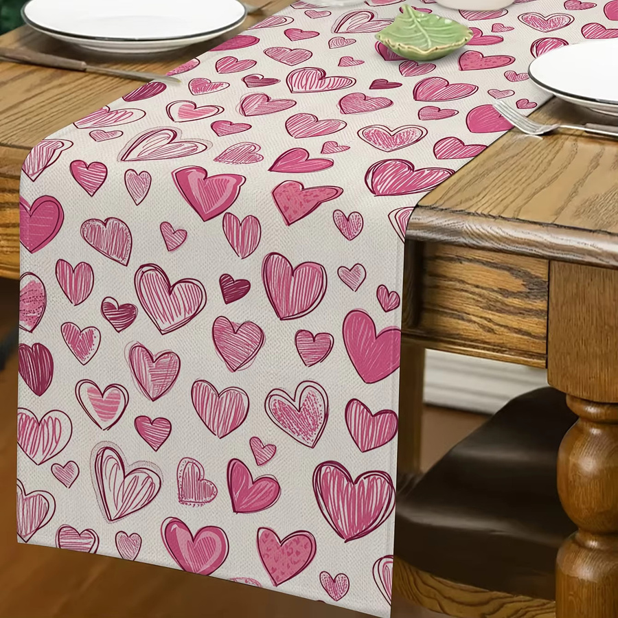 Valentinstag Tischläufer aus Leinen in Rosa und Weiß mit Winter-Herz-Motiv, Länge: 93 cm - Bild 2