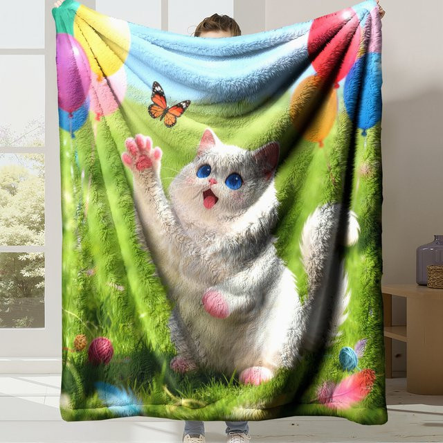 Gemütliche Flanell-Fleece-Decke mit Katzen-Motiv in Multicolour, superwarme Überwurfdecke für Bett und Sofa - Bild 1
