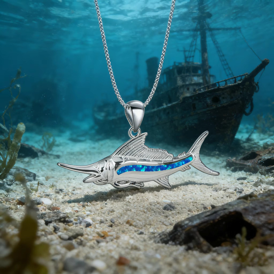 Halskette mit Segelfisch-Anhänger, Silber, Opal, Unisex - Bild 2