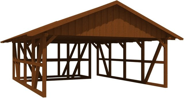 Skan Holz Carport Schwarzwald aus Fichtenholz mit Dachschalung, Abstellraum und Dachschindeln in Nussbaum Braun, B/T/H: 684 x 772 cm - Bild 1