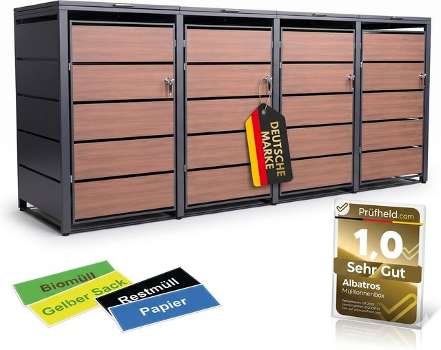 ALBATROS Mülltonnenbox 4er Holzdekor, wetterfeste Mülltonnenverkleidung aus verzinktem Metall, Anthrazit Grau RAL7016, abschließbar, für 4 Mülltonnen (120L bis 240L) inkl. Aufkleber Set - Bild 1