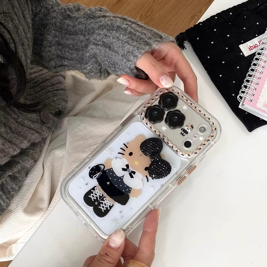 Sanrio Hello Kitty Handyhülle mit 3D Glitter Bogen Design in Schwarz für iPhone 13 bis iPhone 17 Pro Max inklusive Objektivschutz - Bild 6