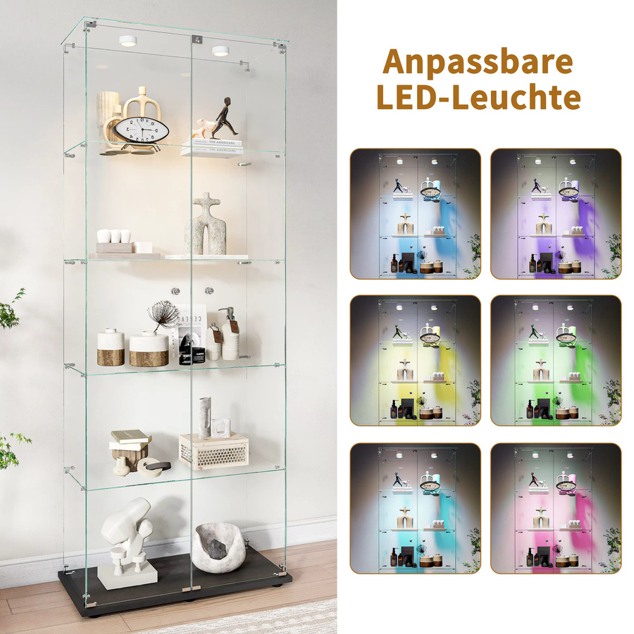 Rosahqnda stehende Glasvitrine in Schwarz mit 5 Glasböden, 2 Glastüren, LED-Beleuchtung und Schloss für dein Wohnzimmer - Bild 2