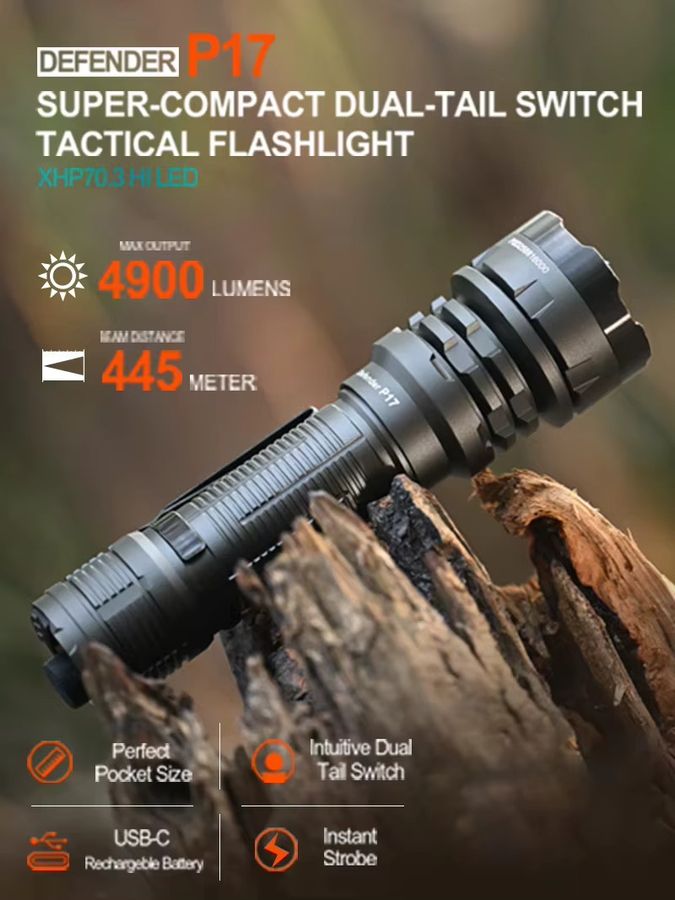 ACEBEAM P17 HI Taktische Taschenlampe mit Cree XHP70.3 LED, 4900lm und 445m Long Range Throw, Dual Tail Schalter mit Sofortiger Aktivierung und Strobe-Funktion - Bild 5