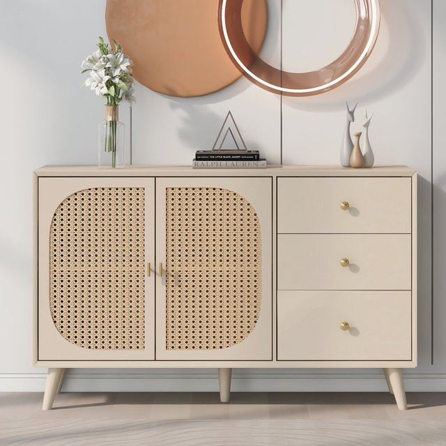 Aosom Sideboard TV-Ständer aus massivem Kiefernholz mit Rattangewebe und 2 Türen sowie 3 Schubladen, Natur, B/T/H: 120 x 40 x 82,5 cm - Bild 1