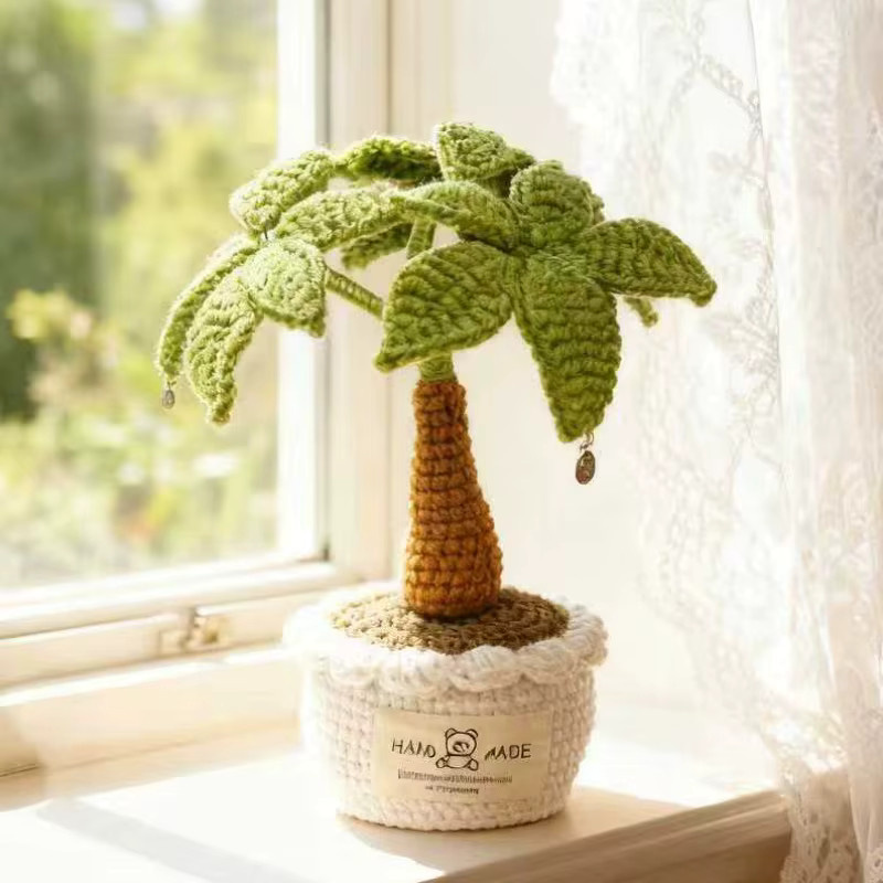 Handgefertigte gehäkelte Geldbaum-Topfpflanze in Grün als dekorative Tischdekoration im Boho-Stil - Bild 3