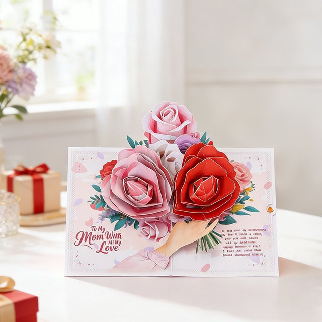Opjoys 3D-Pop-Up-Karte mit roten und rosa Rosen aus Papier für Geburtstage und Jubiläen - Bild 1