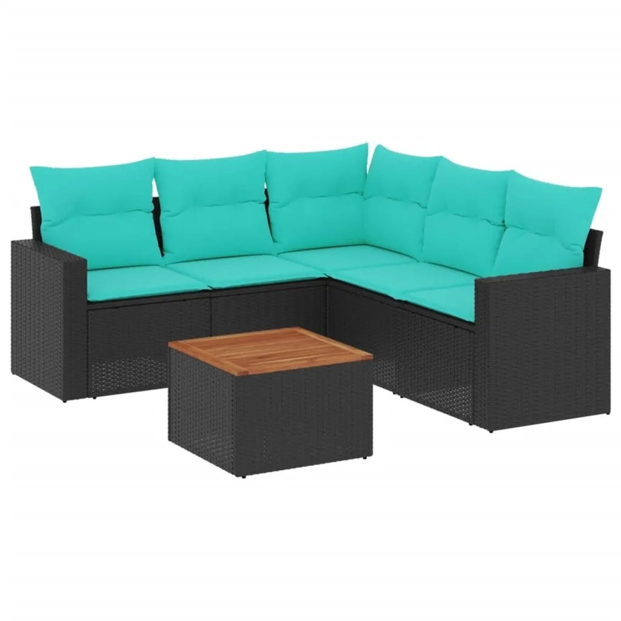 vidaXL 6-teilige Garten-Sofagarnitur aus Poly-Rattan und Akazienholz in Schwarz mit Kissen - Bild 2