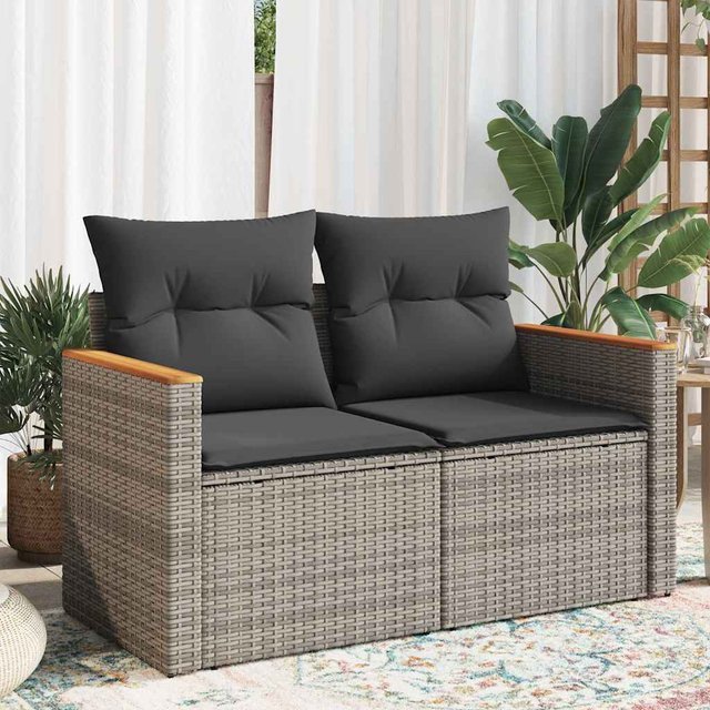 vidaXL Gartensofa 2-Sitzer aus Polyrattan mit Kissen in Grau - Bild 2