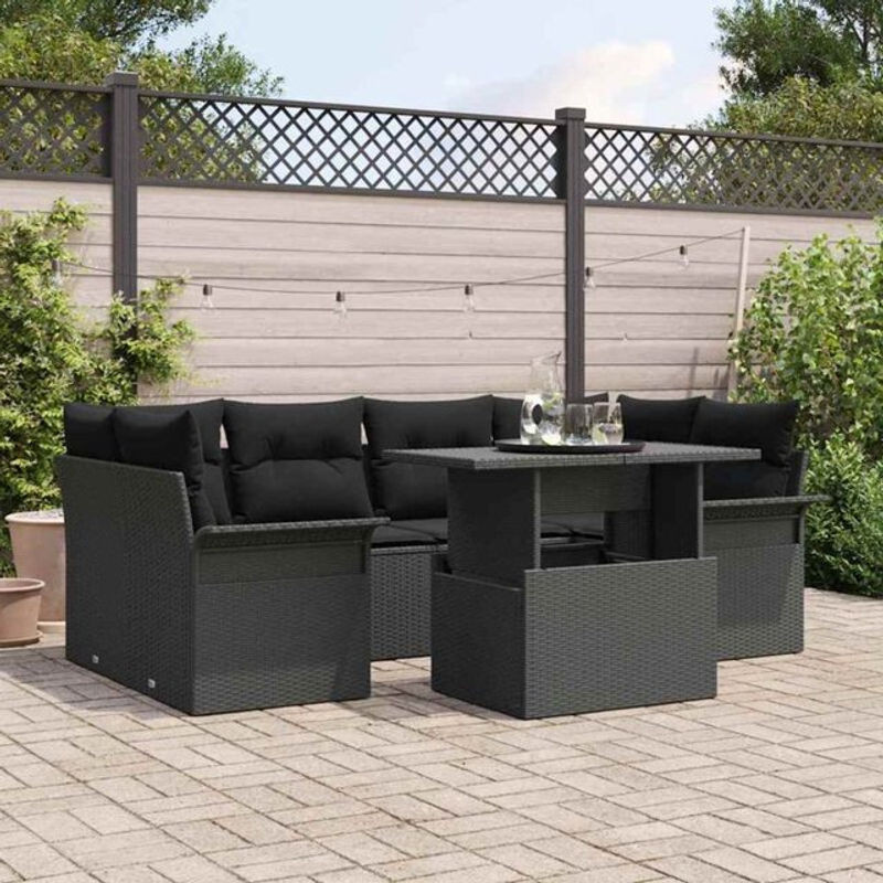 vidaXL Garten-Sofa-Set aus Polyrattan mit Kissen und Glastisch in Schwarz, 7-teiliges Loungemöbel-Set im modernen Design - Bild 1
