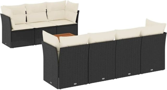 vidaXL 8-tlg Garten-Sofagarnitur in L-Form aus Polyrattan mit Kissen und Couchtisch, Schwarz - Bild 1