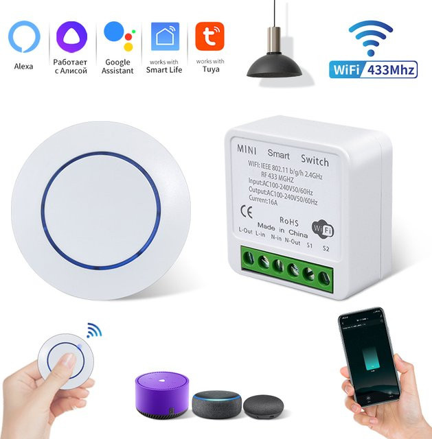 Tuya Smart WiFi Schalter Empfänger mit RF 433MHz Drahtloser runder Fernbedienung in Weiß für Alexa und Google Home - Bild 1