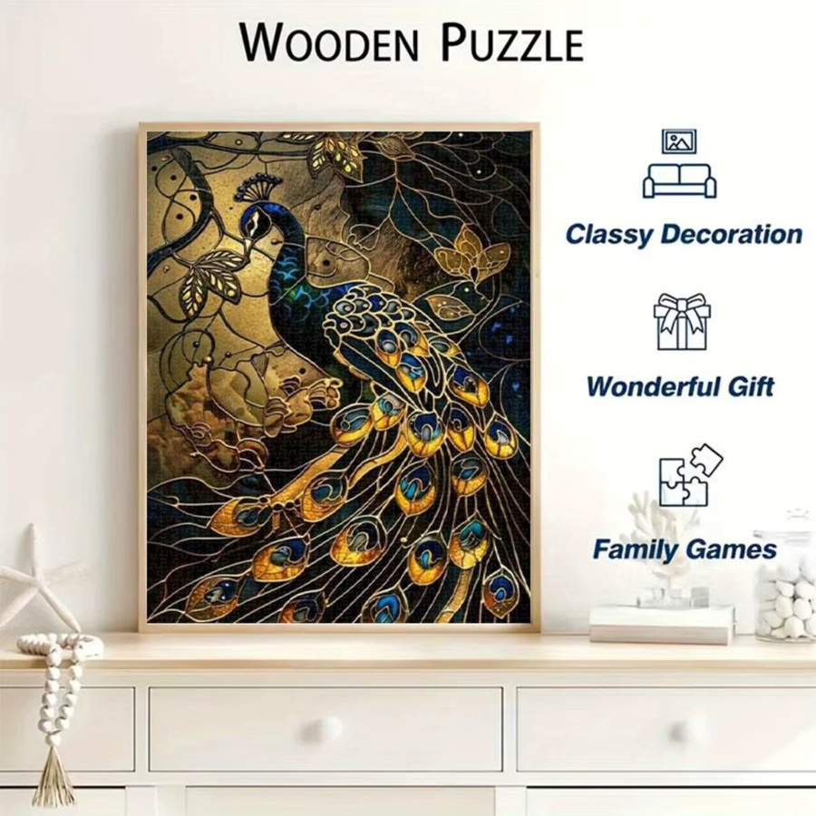 AZNM Pfauenpuzzle aus Buntglas in Blau und Gold mit floralem Art Nouveau Design für Erwachsene - Bild 4