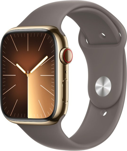 Apple Watch Series 9 GPS + Cellular Smartwatch Edelstahl gold mit Sportarmband M/L tonbraun 45mm - Bild 1