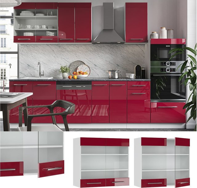 Vicco Küchen-Hängeglasschrank Fame-Line mit Glastüren in Bordeaux Hochglanz, Breite: 80 cm, Höhe: 72 cm, Tiefe: 34,1 cm - Bild 1