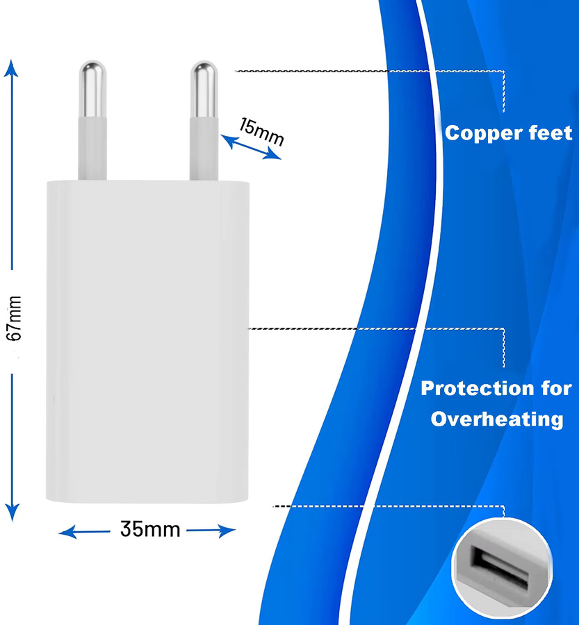 TAQKRED USB Netzteil Adapter mit EU-Stecker, 5W Schnellladegerät 5V 1A in Weiß - Bild 2