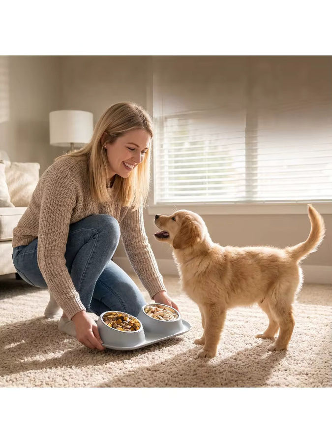 XMSJ Doppelnapf aus rostfreiem Edelstahl in Grau, rutschfeste Futter- und Wasserschale für Hunde und Katzen - Bild 6