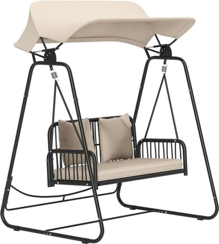 Outsunny Hollywoodschaukel 2-Sitzer aus Polyrattan mit verstellbarem Sonnendach und Kissen in Schwarz oder Beige - Bild 1
