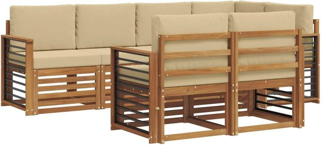 vidaXL Sofagarnitur 7-teilig aus Massivholz Akazie in Natur und Beige mit L-Form und Polsterkissen - Bild 1