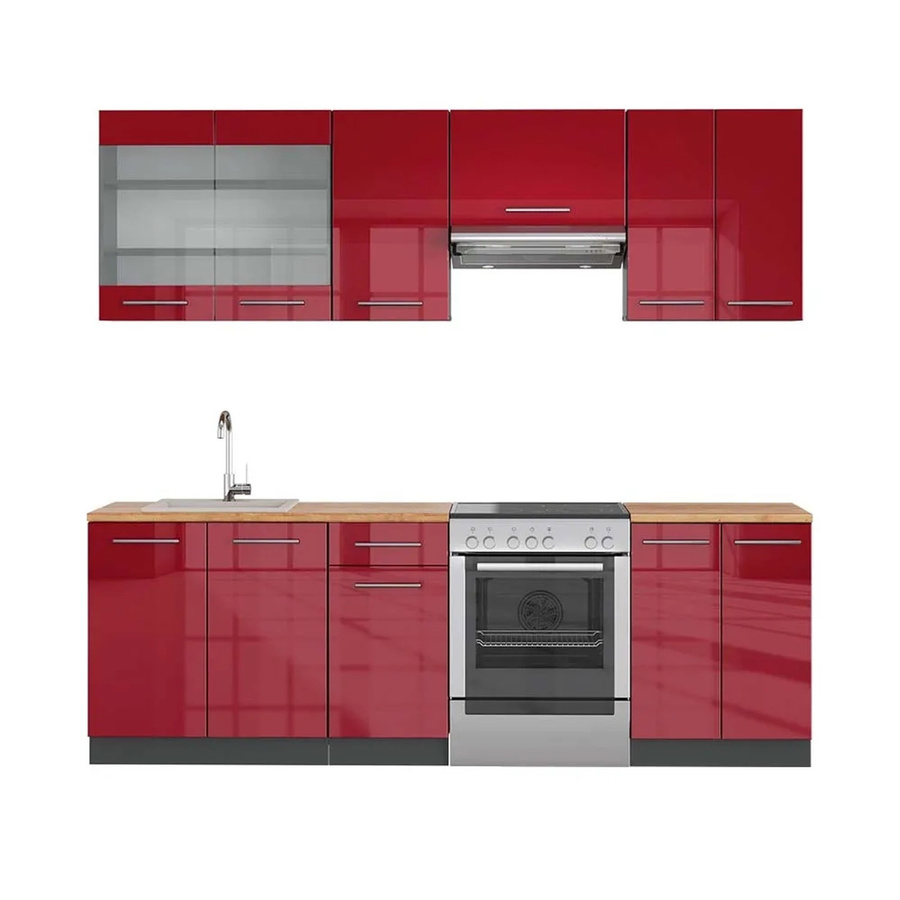 Vicco Fame-Line Küchenzeile Bordeaux Hochglanz Eiche modern mit Soft-Close-Türen B/T/H: 240 x 60 x 82 cm - Bild 2