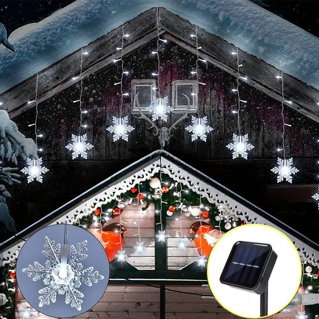 Peach Forest Solar LED Schneeflocken Vorhanglichter in Weiß für Weihnachten, Party und Hochzeit, 96 LEDs, wasserdicht - Bild 1