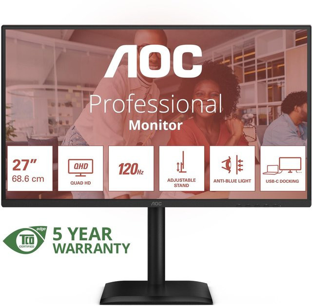 AOC Q27E4CV LED-Monitor in Schwarz mit 27 Zoll, QHD-Auflösung, 120 Hz und IPS-Panel sowie HDMI, DisplayPort und USB-C - Bild 1