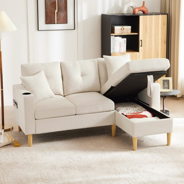 Moderne L-förmige 3-Sitzer Eckcouch mit Chaise Longue in Beige, inklusive 2 Kissen, integrierten Getränkehaltern und praktischem Stauraum durch Lift-up-Sitz, B/T/H: 175 x 129 x 90 cm - Bild 1