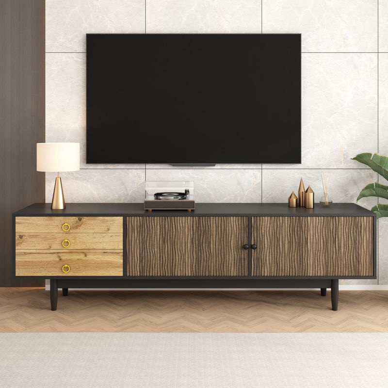 Aosom TV Schrank in Beige mit Wellenmuster, 2 Türen und 3 Schubladen mit Soft-Close Funktion, B/T/H: 180 x 38 x 50 cm - Bild 2